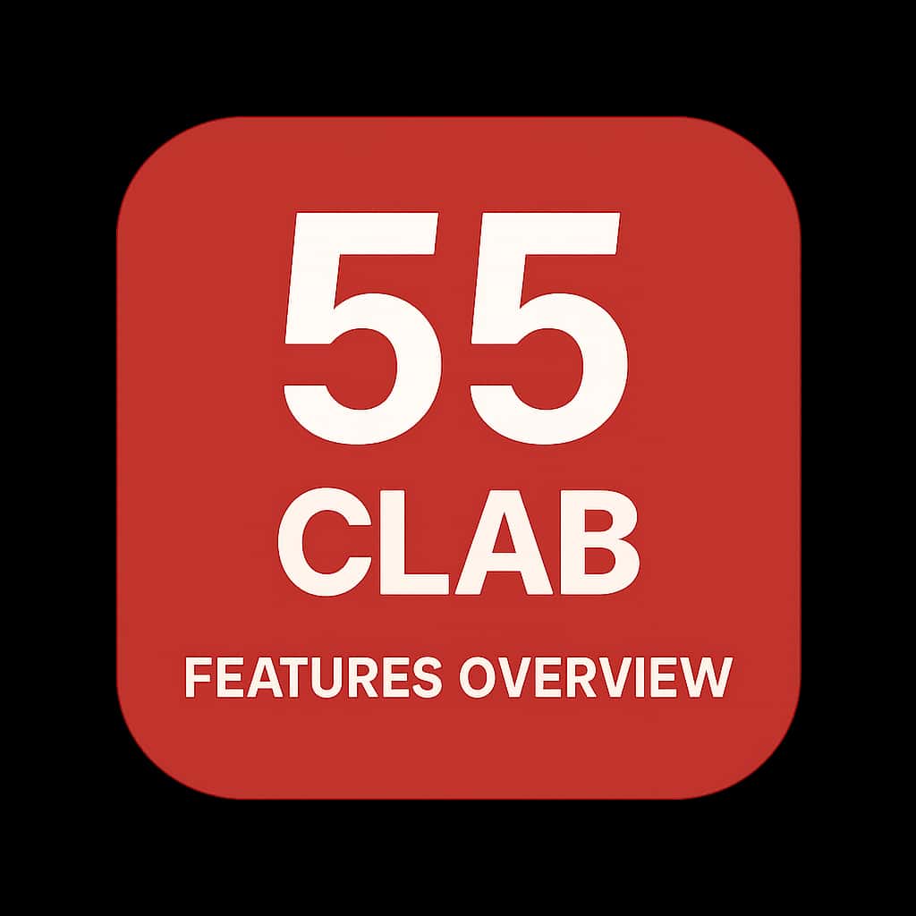 A simplified badge design for the 55 Clab Features Overview.