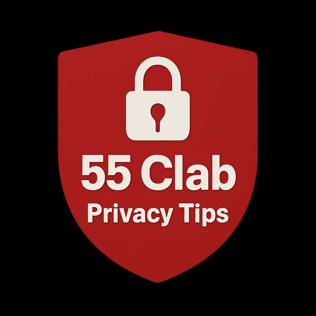 A badge design representing 55 Clab Privacy Tips.
